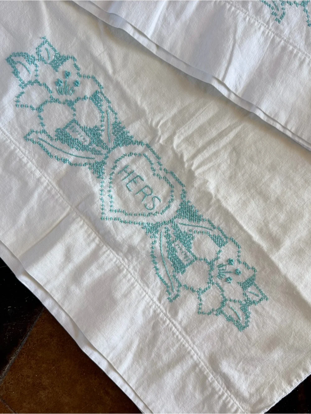 Embroidered White Linen Pillowcases with Aqua Floral Monogram